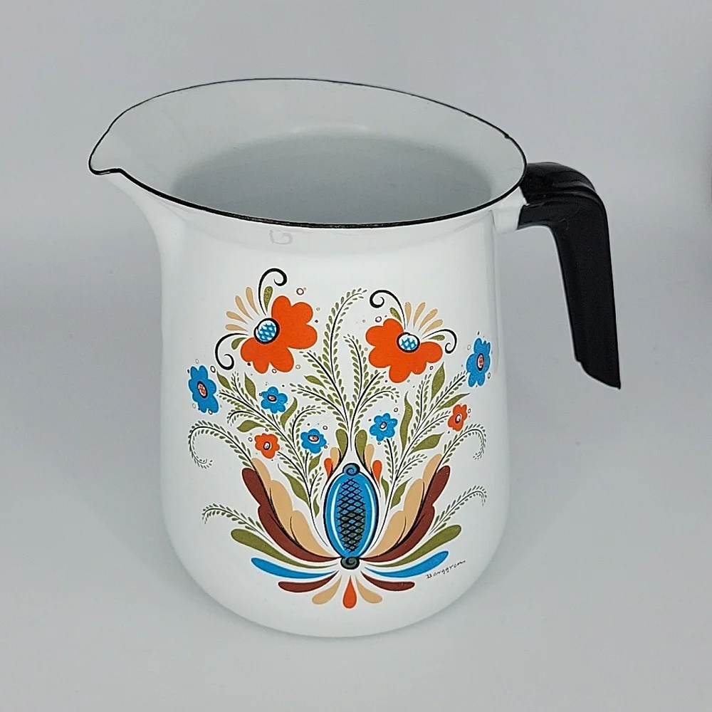 Vintage Enamel Dalmainingar Folk Art Enamel Ware Pitcher by Berggren